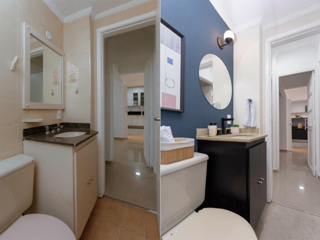 Antes e Depois da reforma do banheiro com móvel envelopado e parede azul