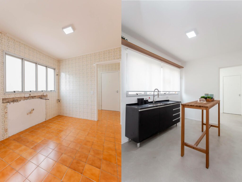 Cozinha antiga fica mais moderna com massa aplicada sobre o piso e os azulejos de parede